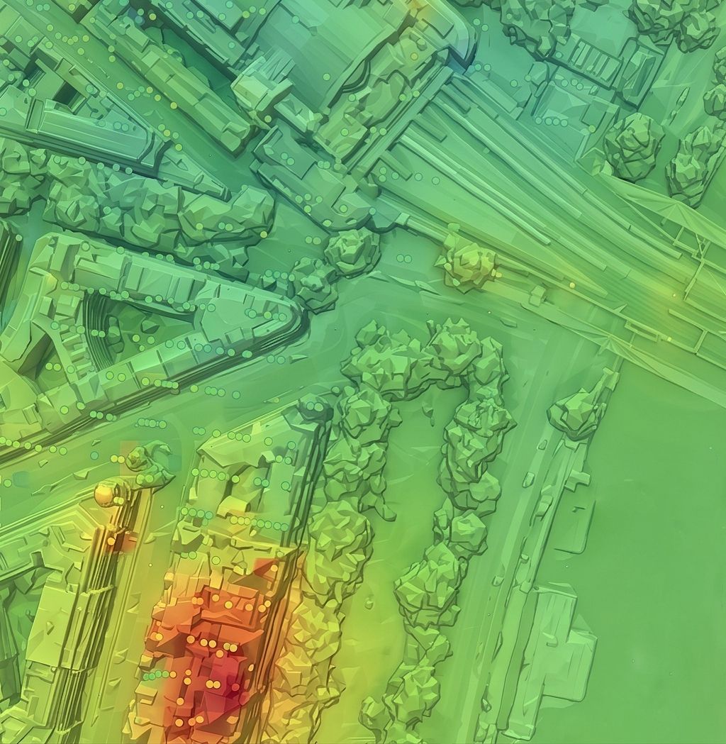 A Groundview displacement map, movement over a built-up area shaded from green to red